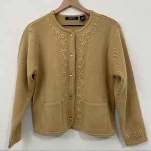 Crystal Kobe Women’s PM Beige Button Down Cardigan Sweater Floral Embroidered